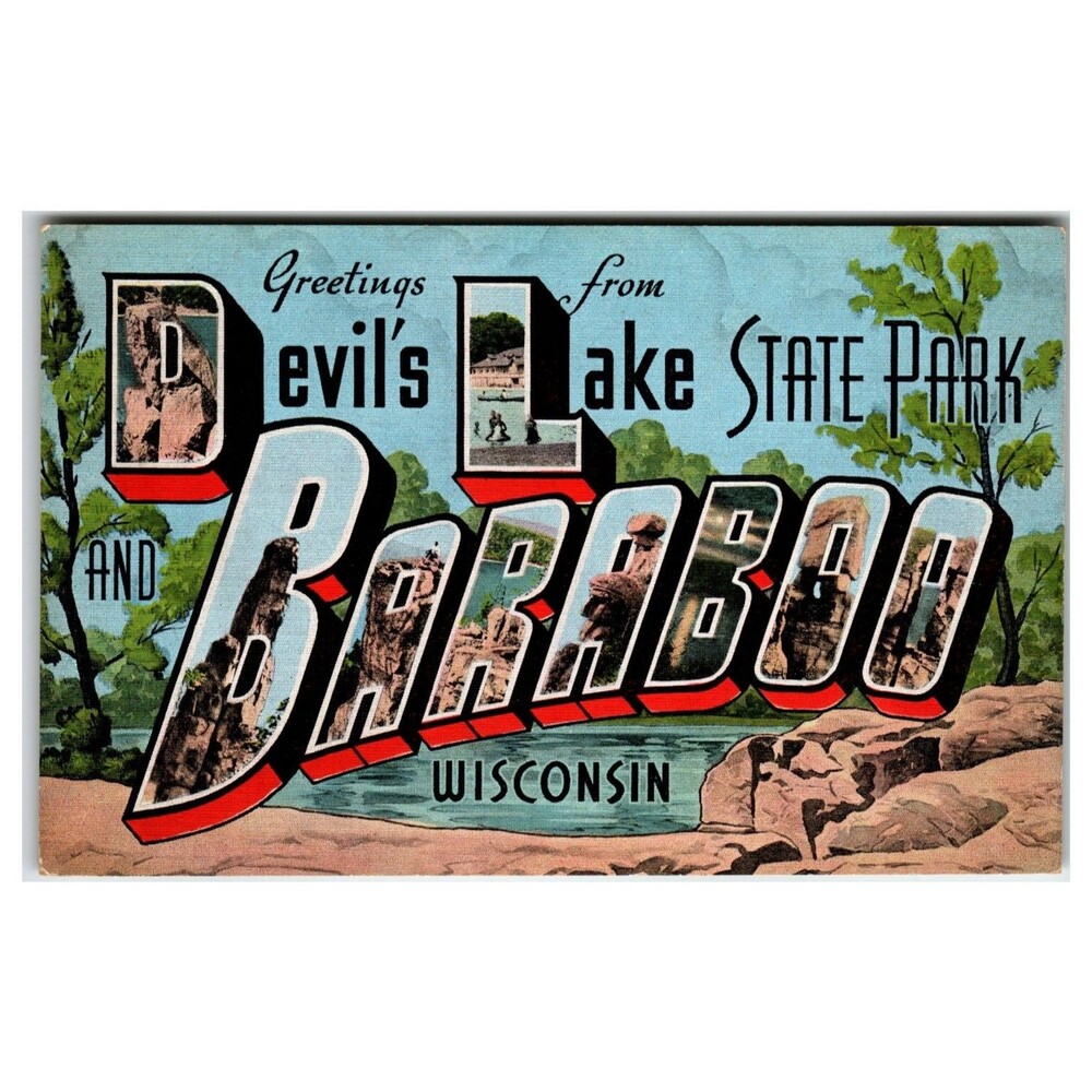Greetings Devil's Lake State Park Baraboo Wisconsin Linen Postcard
